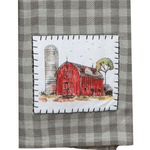Country Life Red Barn Gray Plaid Appliqued Kitchen Tea Towel